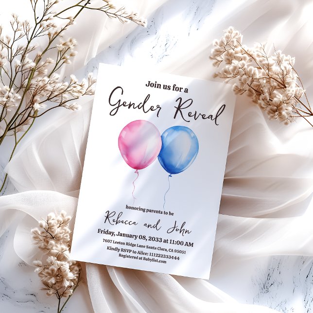 Han eller hon Blue and Rosa Balloon Gender Reveal Inbjudningar (Skapare uppladdad)