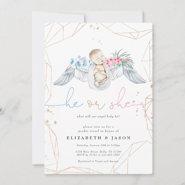 Han eller hon Blue Rosa Angel Glitter Gender Revea Inbjudningar (Framsida)