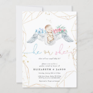 Han eller hon Blue Rosa Angel Glitter Gender Revea Inbjudningar