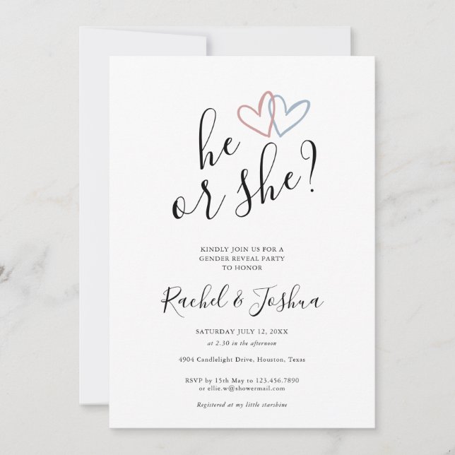 Han eller hon Blue Rosa Hearts Gender Reveal Party Inbjudningar (Framsida)