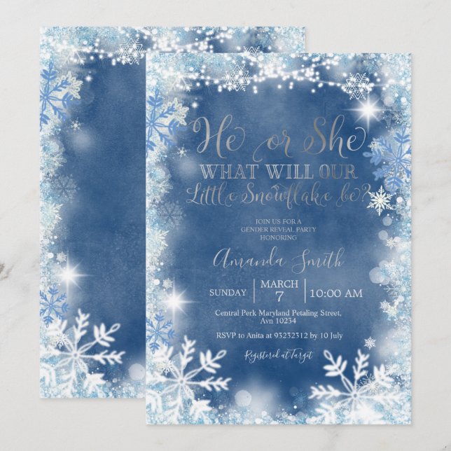 Han eller hon Blue Silver Snöflingor Gender Reveal Inbjudningar (Fram/baksida)