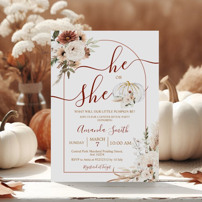 Han eller hon Boho Arch Pumpkin Gender Reveal Inva Inbjudningar (Skapare uppladdad)