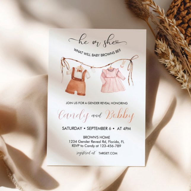 Han eller hon Boho Clothesline Gender Reveal Inbjudningar (Skapare uppladdad)