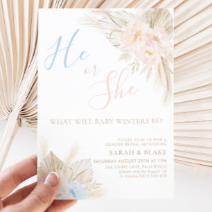 Han eller hon Boho Rosa Blue Gender Reveal Inbjudningar