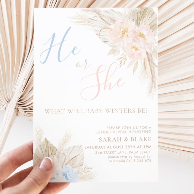 Han eller hon Boho Rosa Blue Gender Reveal Inbjudningar (Skapare uppladdad)