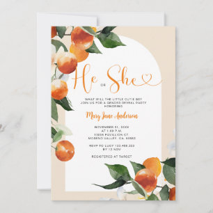 Han eller hon Citrus Orange Greenery Gender Reveal Inbjudningar