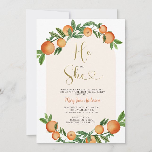 Han eller hon Citrus Orange Greenery Gender Reveal Inbjudningar (Framsida)