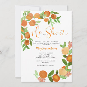 Han eller hon Citrus Orange Greenery Gender Reveal Inbjudningar