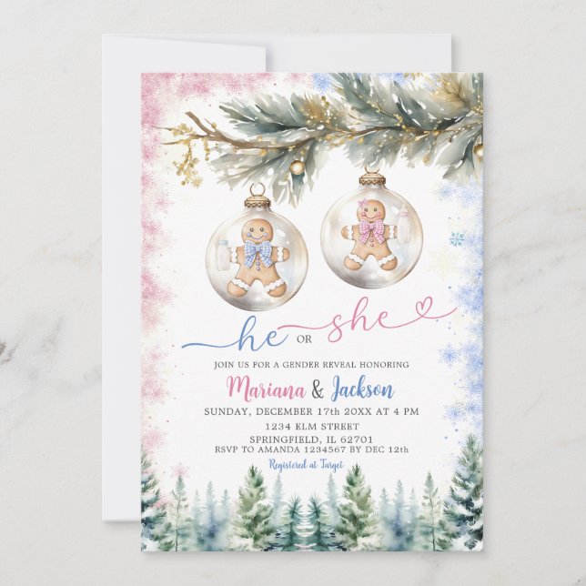 Han eller hon Cookies Jul Ornamet Gender Reveal Inbjudningar (Framsida)