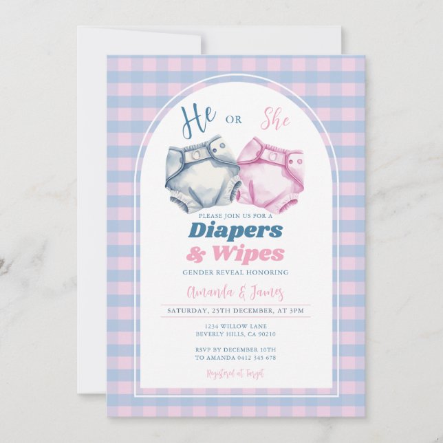 Han eller hon Diaper and Wipes Gender Reveal Gingh Inbjudningar (Framsida)