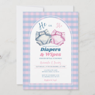 Han eller hon Diaper and Wipes Gender Reveal Gingh Inbjudningar