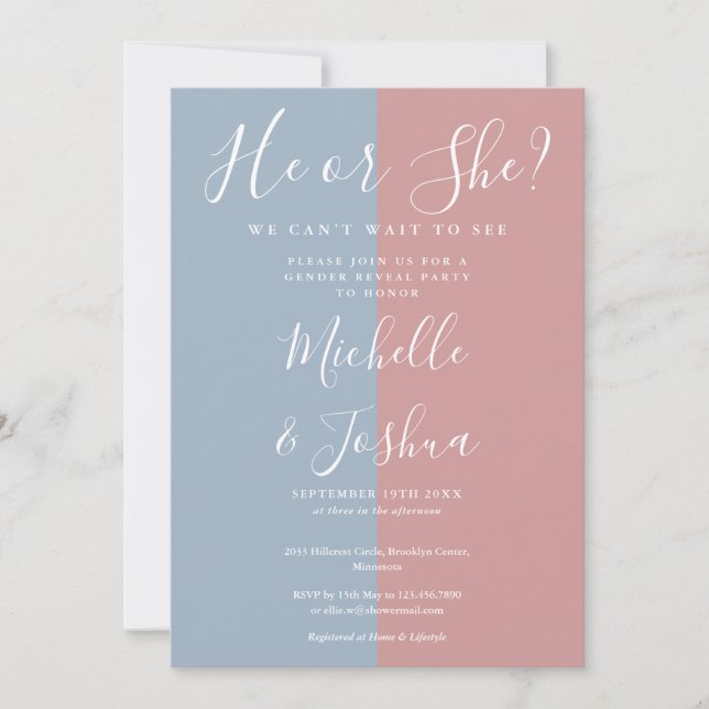 Han eller hon Elegant Modern Gender Reveal Party Inbjudningar (Framsida)