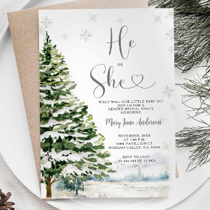Han eller hon Evergreen Winter Gender Reveal Inbjudningar