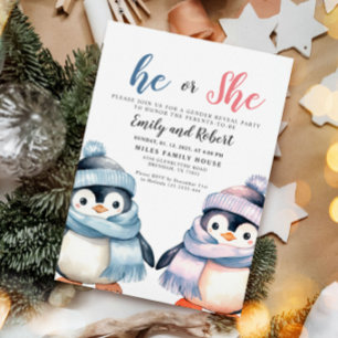 Han eller hon, Gender Reveal, Baby Shower Penguin Inbjudningar