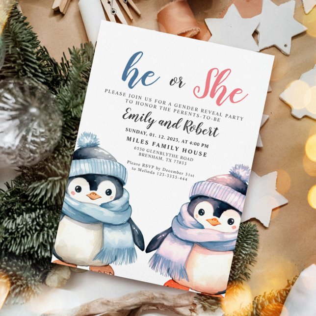 Han eller hon, Gender Reveal, Baby Shower Penguin Inbjudningar (Skapare uppladdad)