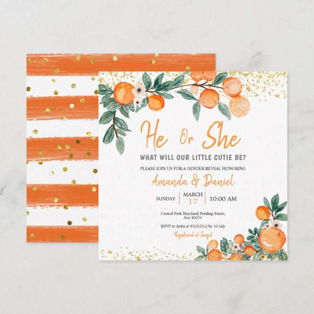 Han eller hon Gender Reveal Orange Little Cutie Inbjudningar (Fram/baksida)