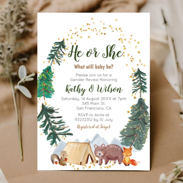 Han eller hon Gender Reveal Woodland Animal Invest Inbjudningar (Skapare uppladdad)