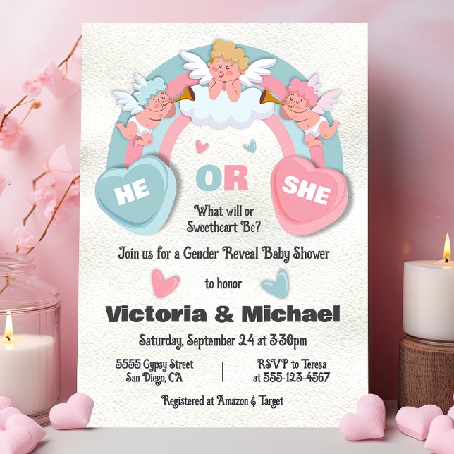 Han eller hon Gender Valentines day Baby Shower Inbjudningar (Skapare uppladdad)