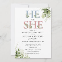 Han eller hon Greenery Brev Gender Reveal Party