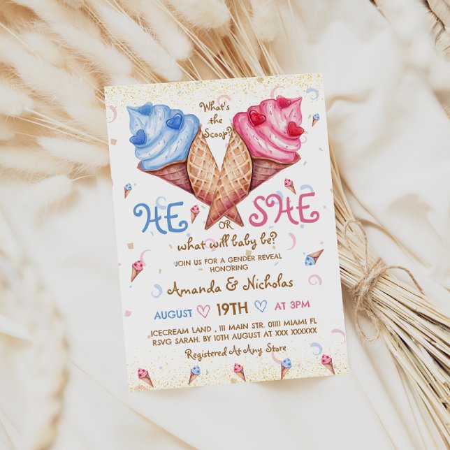 Han eller hon Ice Cream Rosa Blue Guld Gender Reve Inbjudningar (Skapare uppladdad)