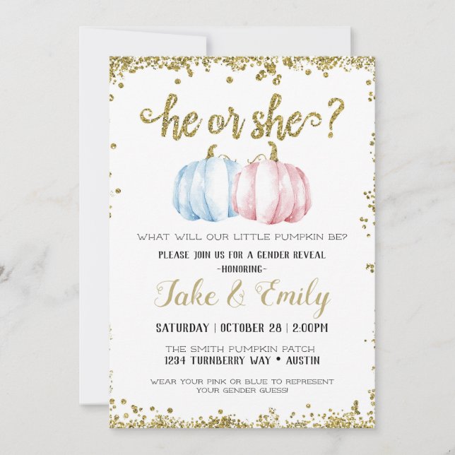 Han eller hon Little Pumpkin Gender Reveal Blue Ro Inbjudningar (Framsida)