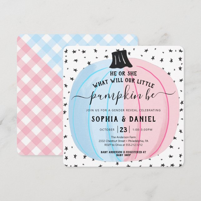Han eller hon Little Pumpkin Gender Reveal Hallowe Inbjudningar (Fram/baksida)