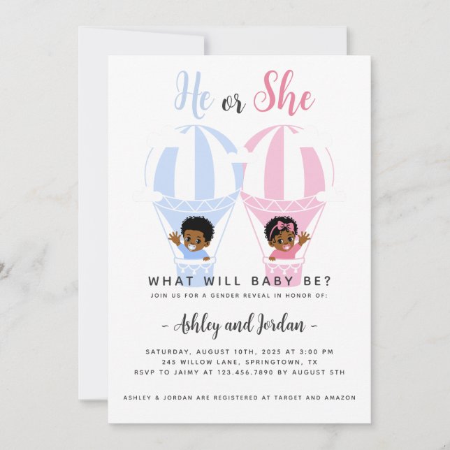 Han eller hon Luftballonger Gender Reveal bjudan Inbjudningar (Framsida)