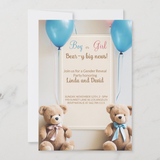 Han eller hon: Nalle Gender Reveal Party Inbjudningar (Framsida)