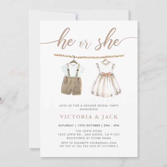 Han eller hon Neutralt Barnkläders Gender Reveal Inbjudningar (Framsida)