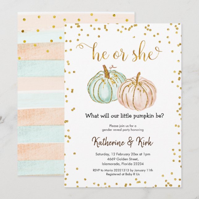 Han eller hon Pastel Pumpkin Gender Reveal Inbjudningar (Fram/baksida)