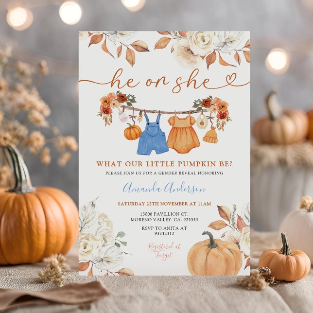 Han eller hon Pumpkin Barnkläder Gender Reveal Inbjudningar (Skapare uppladdad)