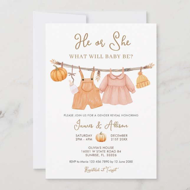 Han eller hon Pumpkin Barnkläder Gender Reveal Inbjudningar (Framsida)