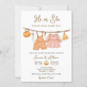 Han eller hon Pumpkin Barnkläder Gender Reveal Inbjudningar