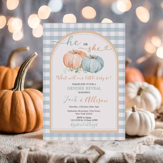 Han eller hon Pumpkin Blue Gingham Arch Gender Rev Inbjudningar (Skapare uppladdad)