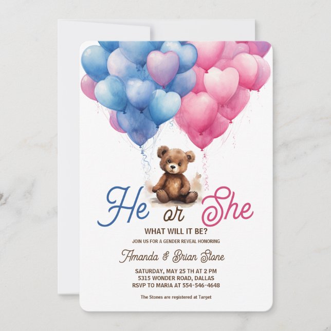 Han eller hon Rosa Blue Balloons Bear Gender Revea Inbjudningar (Framsida)