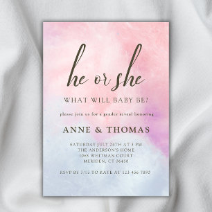 Han eller hon Rosa Blue Pastel Gender Reveal Party Inbjudningar