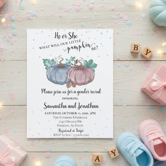 Han eller hon Rosa Blue Pumpkin Gender Reveal Autu Flygblad (Skapare uppladdad)