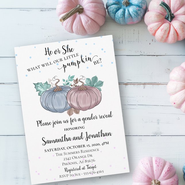Han eller hon Rosa Blue Pumpkin Gender Reveal Autu Inbjudningar (Skapare uppladdad)