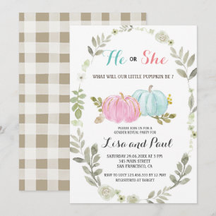 Han eller hon Rosa Blue Pumpkins Gender Reveal Inbjudningar