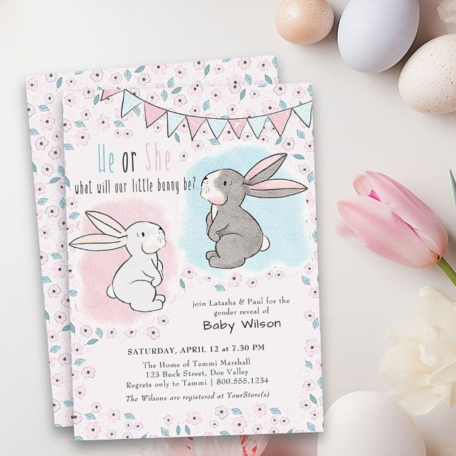 Han eller Hon Rosa och Blå Liten Kanin Könsbestämn Inbjudningar (He or She Gender Reveal Invitation with little bunnies - pink or blue and perfect for easter)