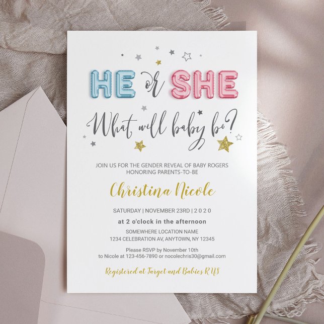 Han eller hon Rosa och Blue Foil Ballower Baby Sho Inbjudningar (Skapare uppladdad)