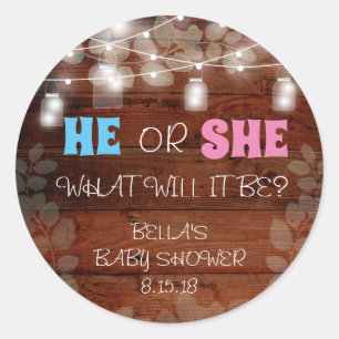 Han eller hon Rustic Baby Gender Reveal Party Stic Runt Klistermärke