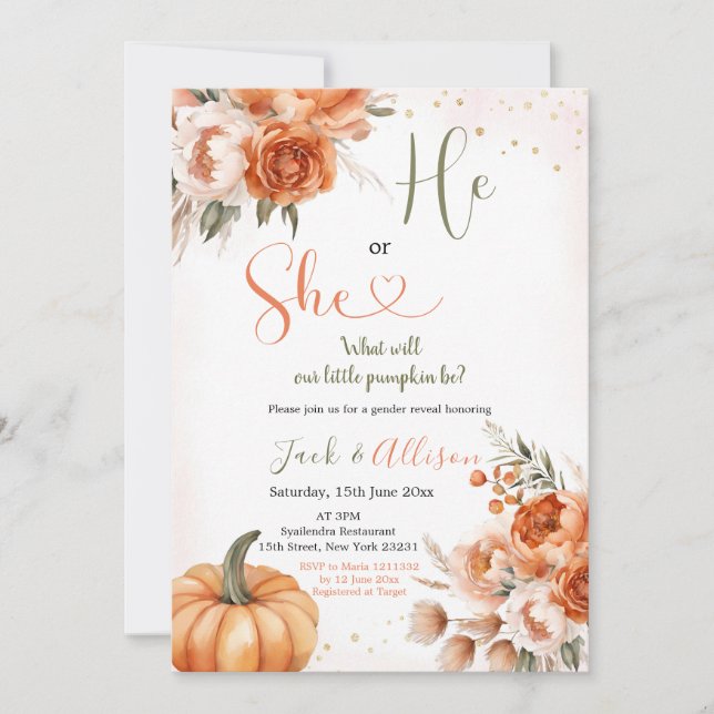 Han eller hon Rustic Fall Blommigt Pumpkin Gender  Inbjudningar (Framsida)