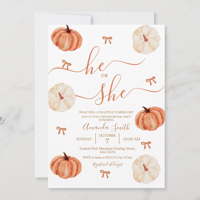 Han eller hon Rustic Pumpkin Gender Reveal Inbjudningar (Framsida)