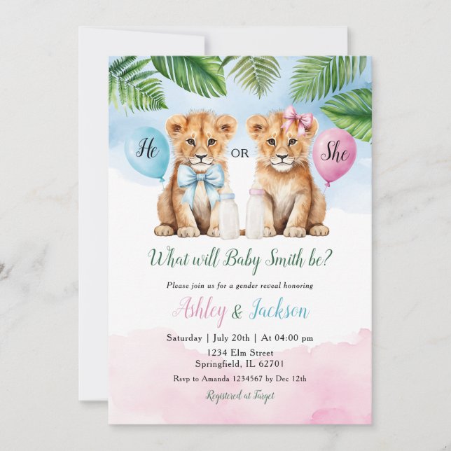 Han eller hon Safari Lejon med Bow Baby Gender Rev Inbjudningar (Framsida)