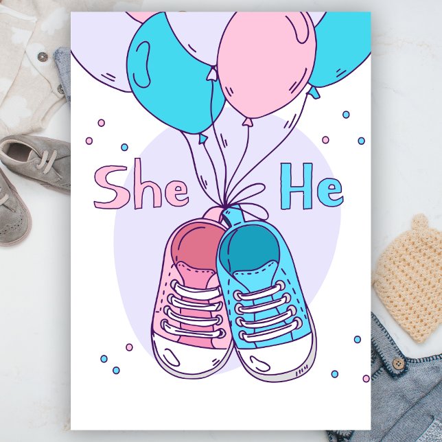 Han eller hon Sneakers Rosa Blue Balloon Gender Re Inbjudningar (Skapare uppladdad)