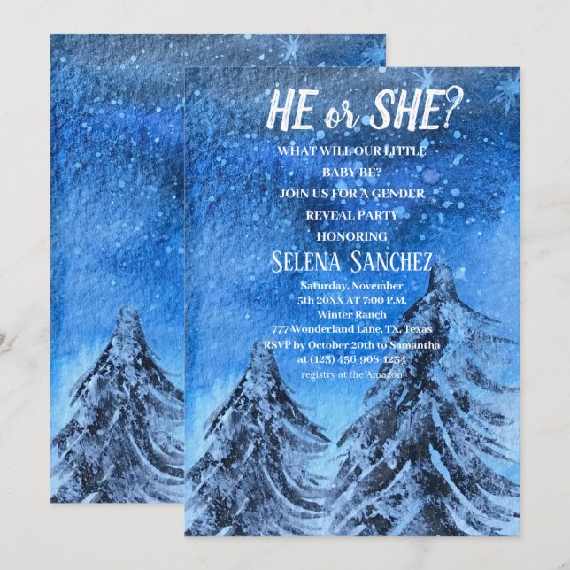 Han eller hon Snowflake Winter Wonderland Baby Sho Inbjudningar (Fram/baksida)