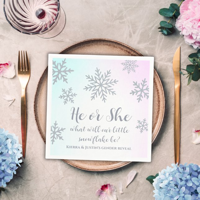 Han eller hon vinter Wonderland Gender Reveal Part Pappersservett (winter wonderland gender reveal party napkins silver glitter snowflake baby pink and blue)