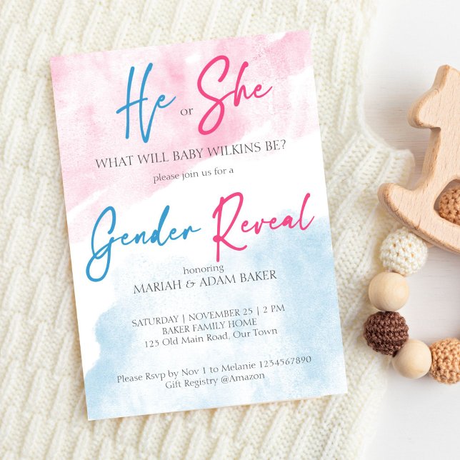 Han eller hon visar rosa och blå gender mall (He or she pink and blue gender reveal template invitation digital download simple watercolor modern)