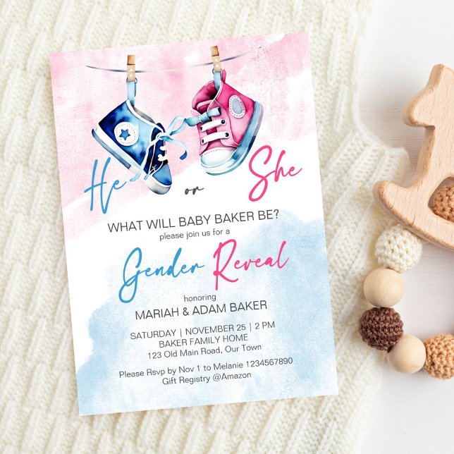 Han eller hon visar rosa och blå gender mall (He or she pink and blue baby shoes gender reveal party editable template invitation digital download)